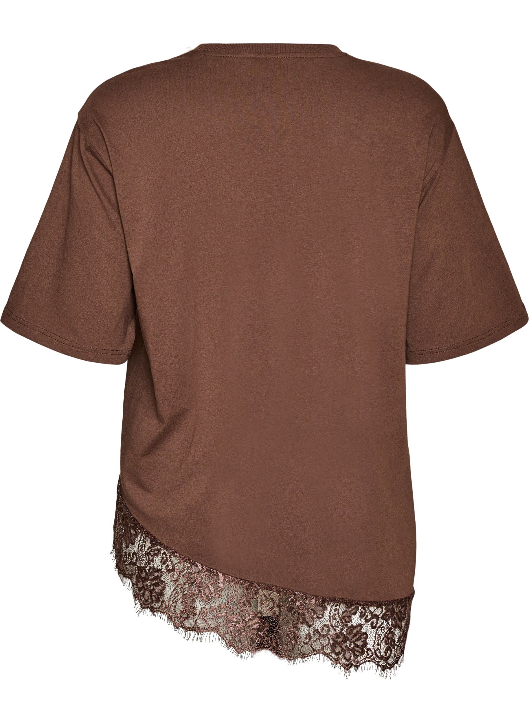 Zizzi T-shirt avec ourlet asym&eacute;trique en dentelle, Marron, Packshot image number 1
