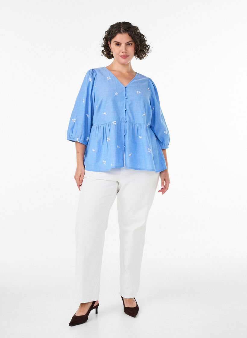 Blouse en coton brod&eacute;e de fleurs et fermeture boutonn&eacute;e, Bleu Clair, Model image number 1