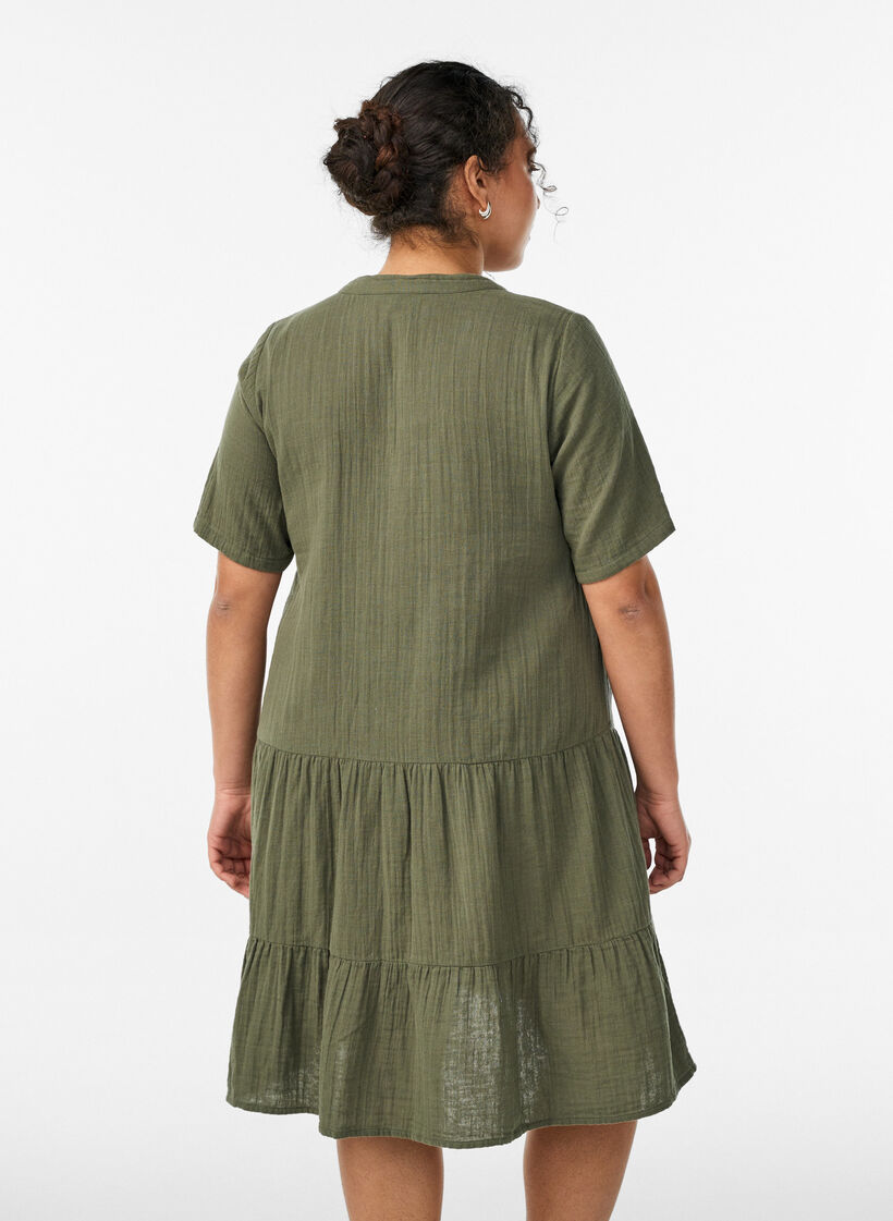 Robe courte &eacute;vas&eacute;e en mousseline de coton, Vert, Model image number 2