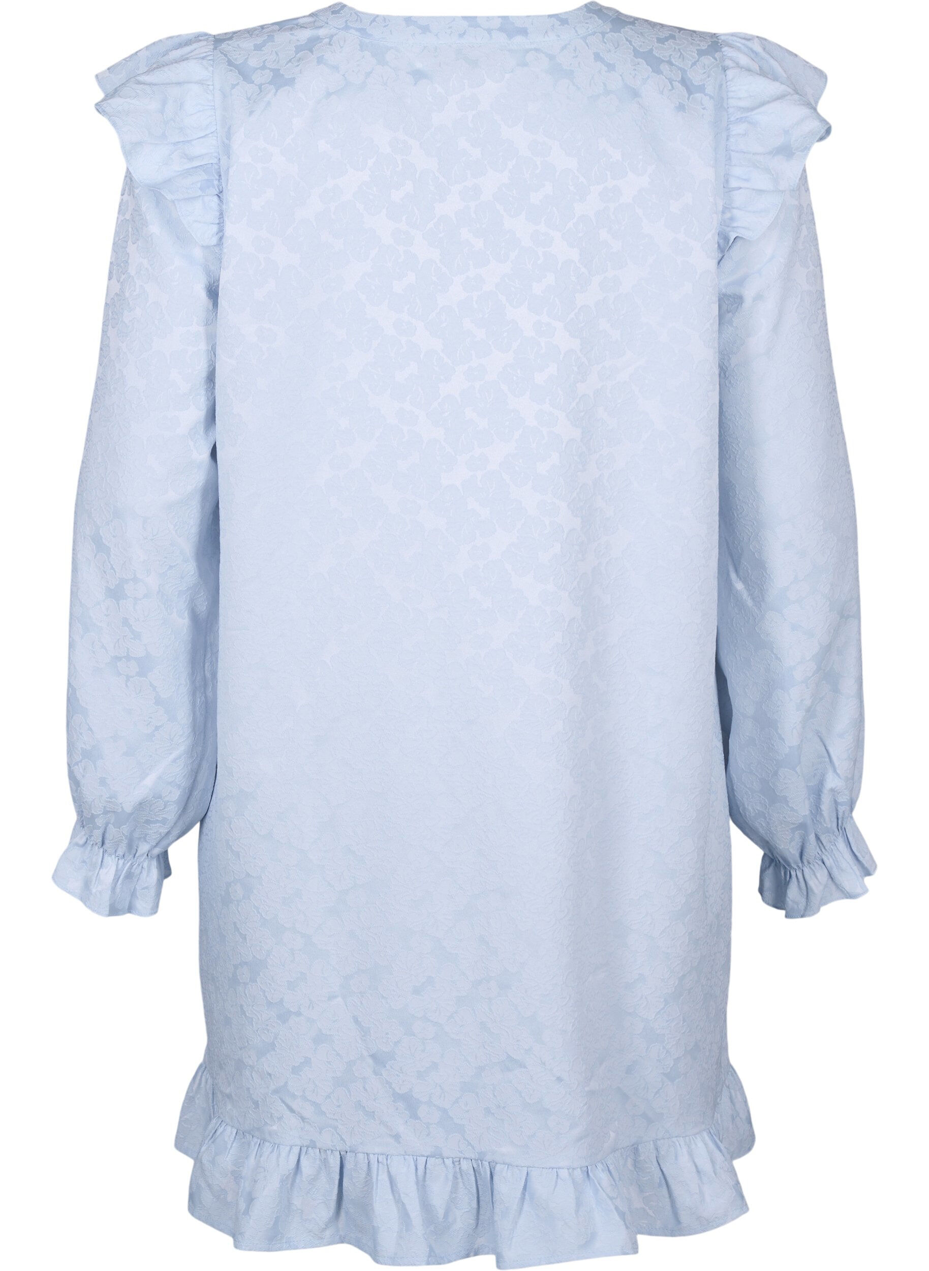 Zizzi Robe en jacquard avec des manches longues et des d&eacute;tails &agrave; volants, Bleu Clair, Packshot image number 1