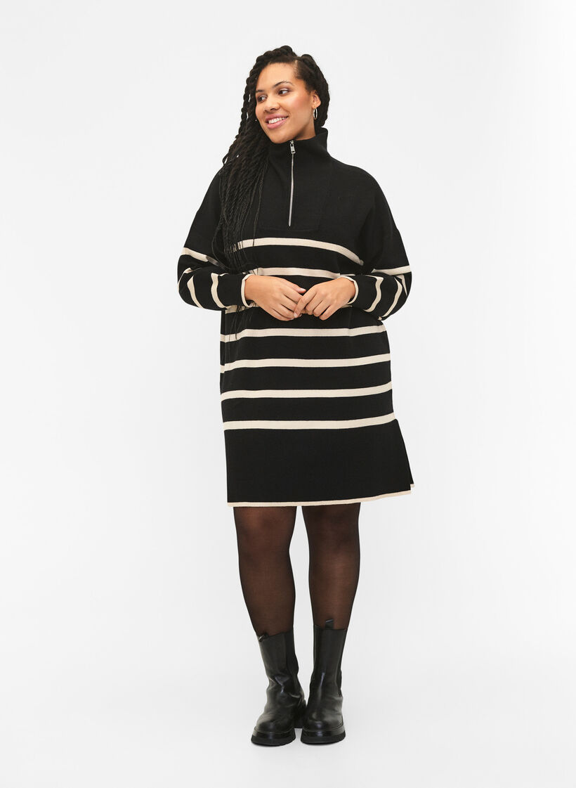 Robe en tricot rayée avec col montant et fermeture éclair, Black w. Birch, Model image number 2