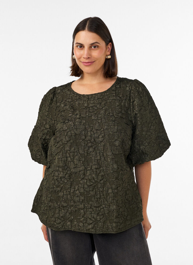 Blouse en jacquard avec des manches bouffantes et une coupe &eacute;vas&eacute;e, Vert fonc&eacute;, Model image number 0