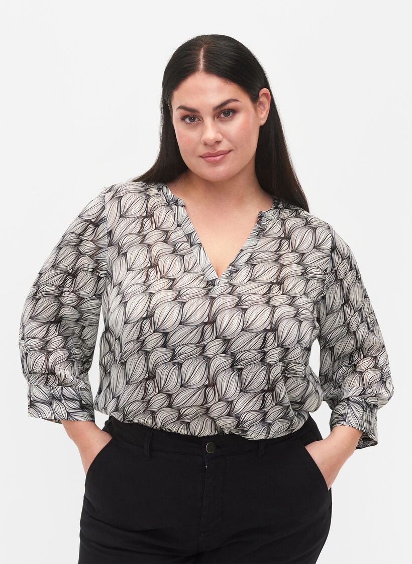 Blouse avec imprimé et manches 3/4 , Black White Leaf, Model image number 0