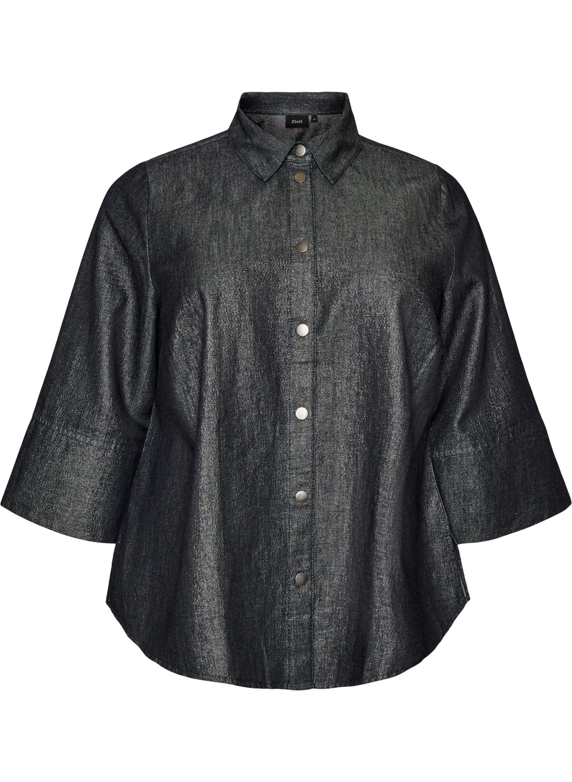 Chemise en jean avec fil paillet&eacute; et manches 3/4