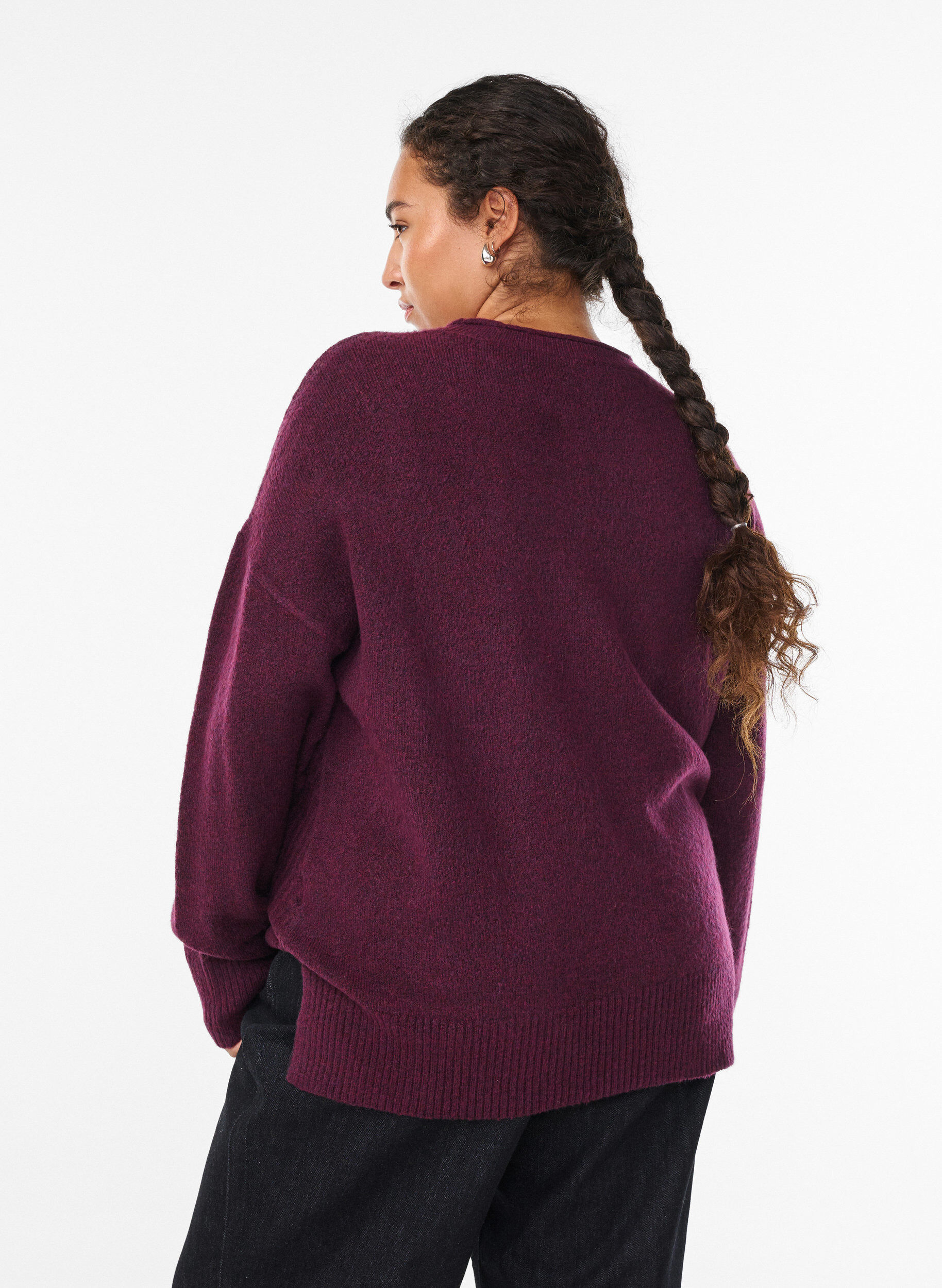 ZizziBlouse en maille avec motif c&ocirc;tel&eacute; en V et fentes, Violet, Model image number 2