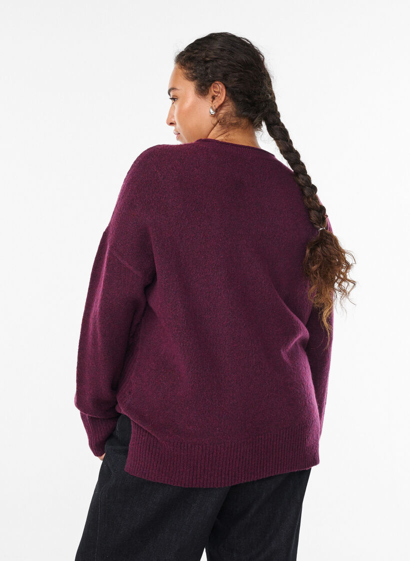 Blouse en maille avec motif c&ocirc;tel&eacute; en V et fentes, Violet, Model image number 2