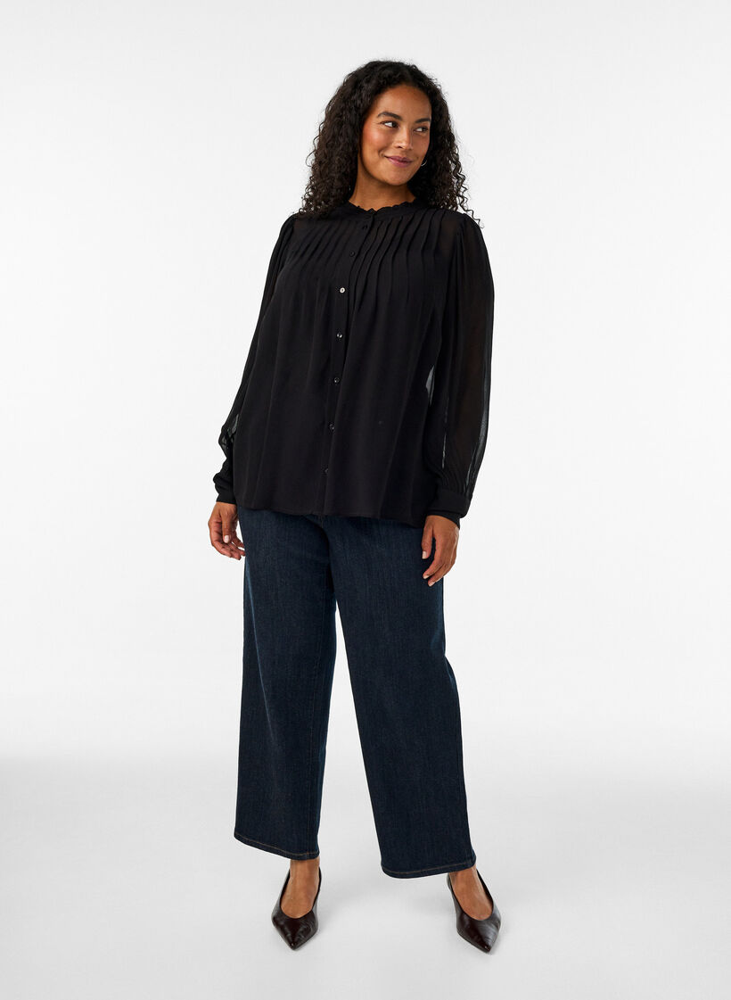 Blouse en viscose &agrave; col &agrave; volants, Noir, Model image number 1