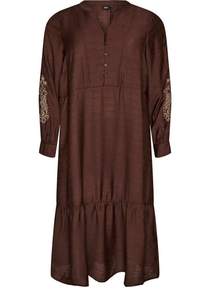 Robe en viscose avec broderies et volants &eacute;tag&eacute;s, Marron, Packshot image number 0