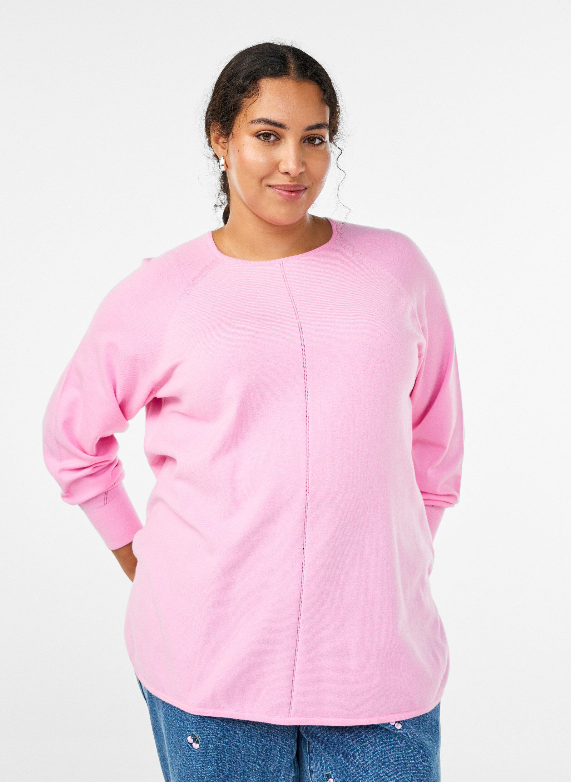 Blouse en maille &agrave; col rond et motif tricot&eacute;, Rose, Model