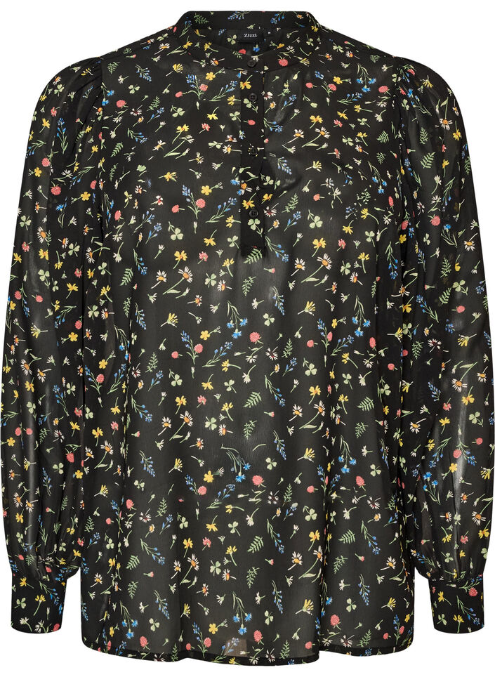 Blouse avec imprim&eacute; int&eacute;gral et patte de boutonnage courte, Noir, Packshot image number 0