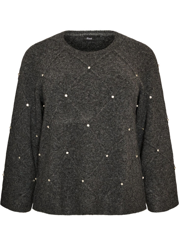 Blouse en maille avec strass et motif &agrave; losanges, Gris anthracite, Packshot image number 0