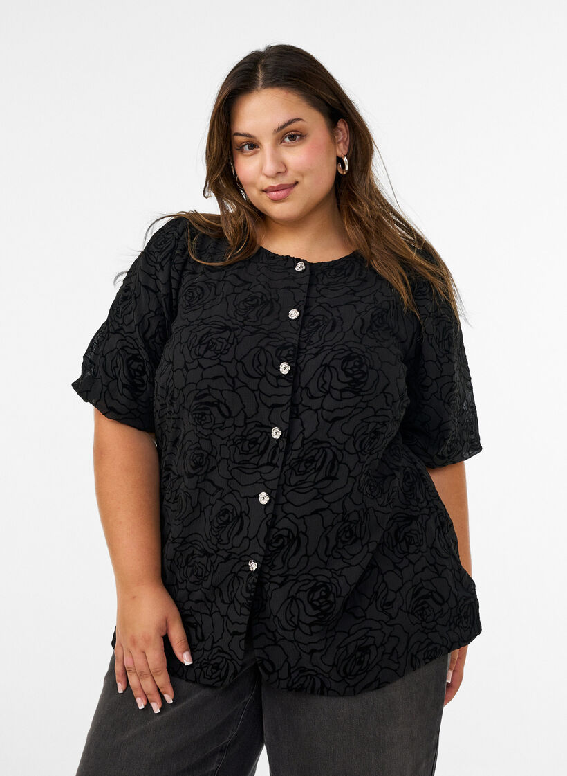 Blouse avec motif floral et manches ballon, Noir, Model image number 0