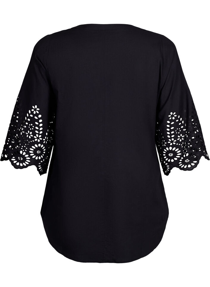 Chemisier avec broderie anglaise et manches 3/4, Black, Packshot image number 1