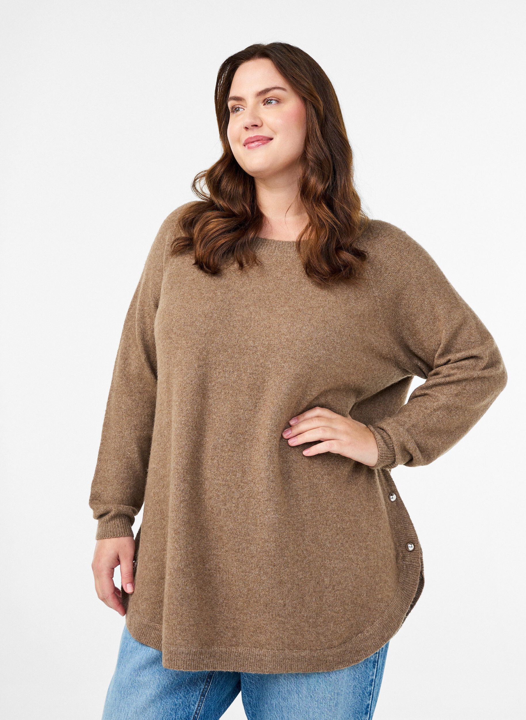 ZizziBlouse longue en maille avec boutons boule, Marron, Model image number 0