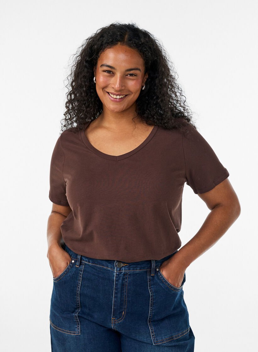 T-shirt en coton uni basique, Marron, Model image number 0