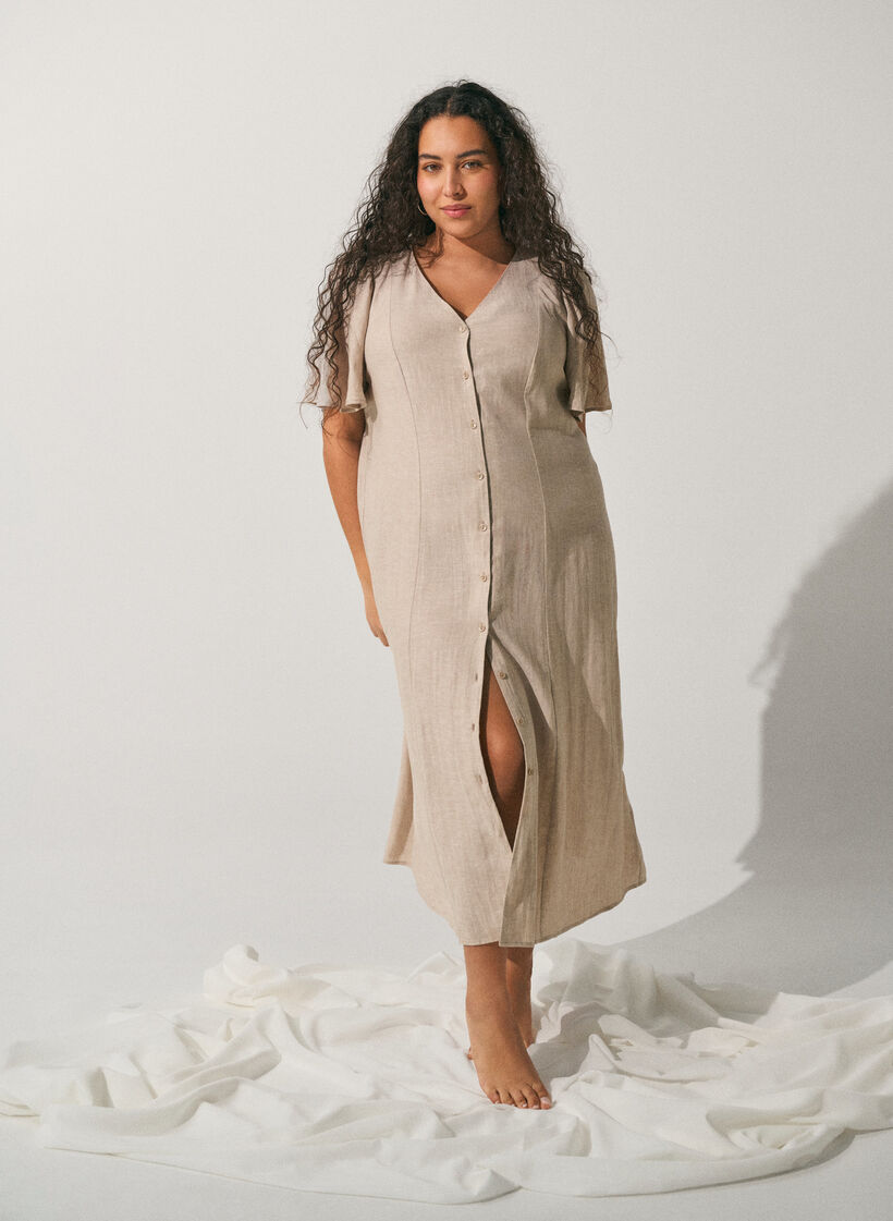 Robe midi en lin et viscose avec manches &agrave; volants, Beige, Image image number 0