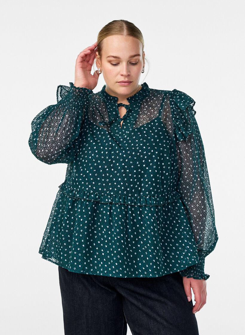 Blouse en mousseline à petits pois avec volants, Vert foncé, Model image number 0