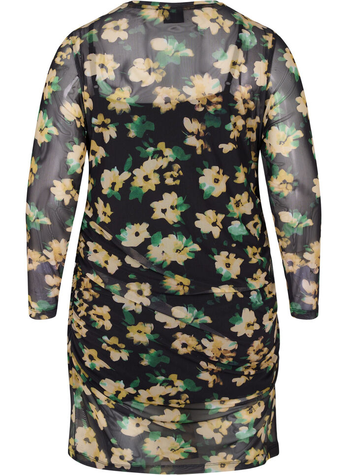 Robe en maille mesh ajust&eacute;e avec manches 3/4, Yellow Green AOP, Packshot image number 1