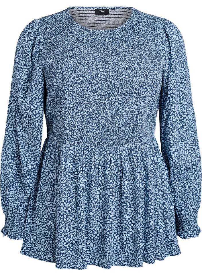Blouse avec haut smock&eacute; et imprim&eacute; fleuri, Bleu, Packshot image number 0