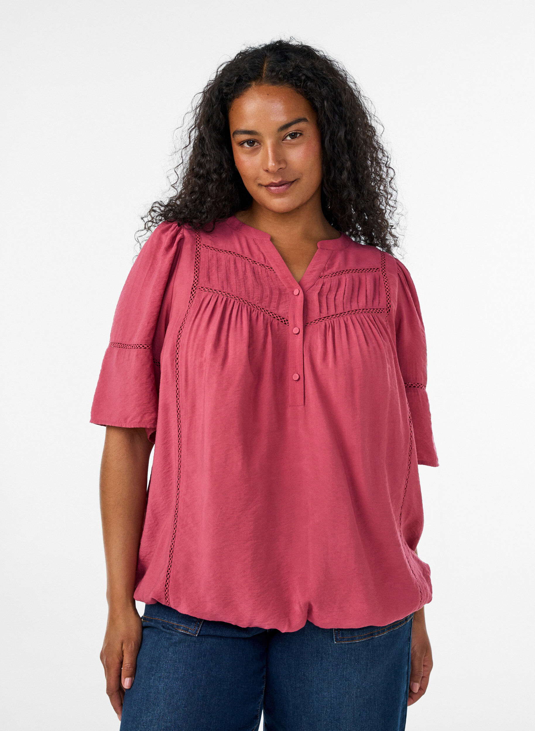 Blouse en viscose avec nervures et effet ballon, Rose, Model