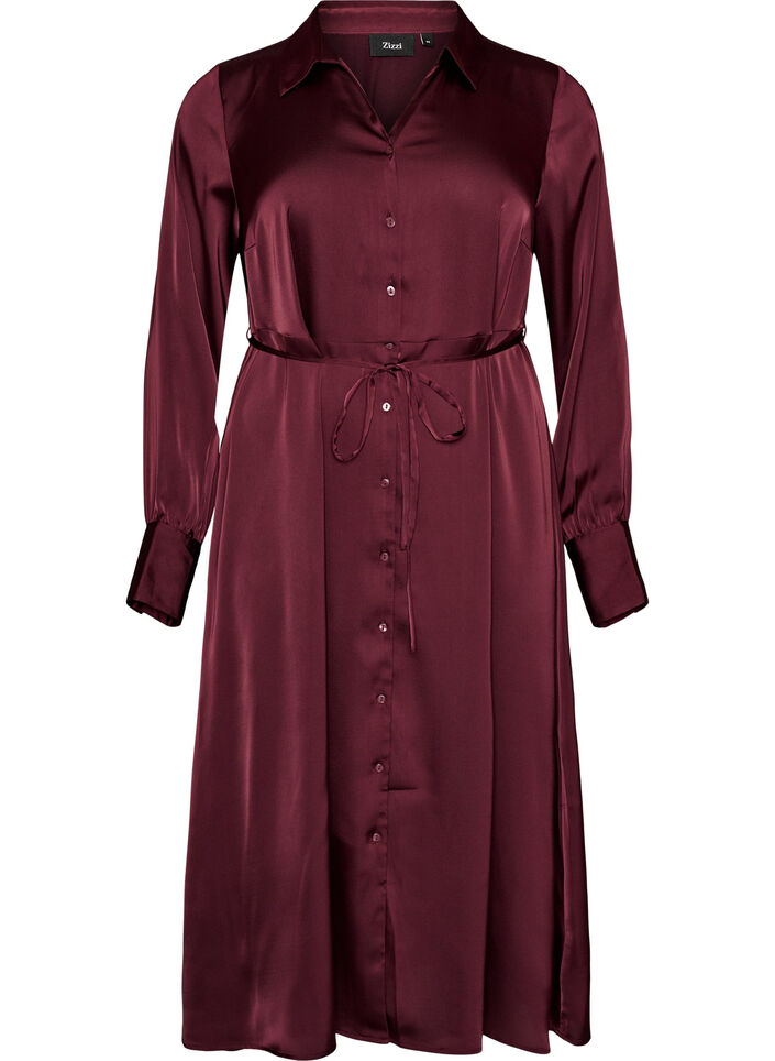 Robe chemise en satin avec une ceinture &agrave; nouer, Bordeaux, Packshot image number 0
