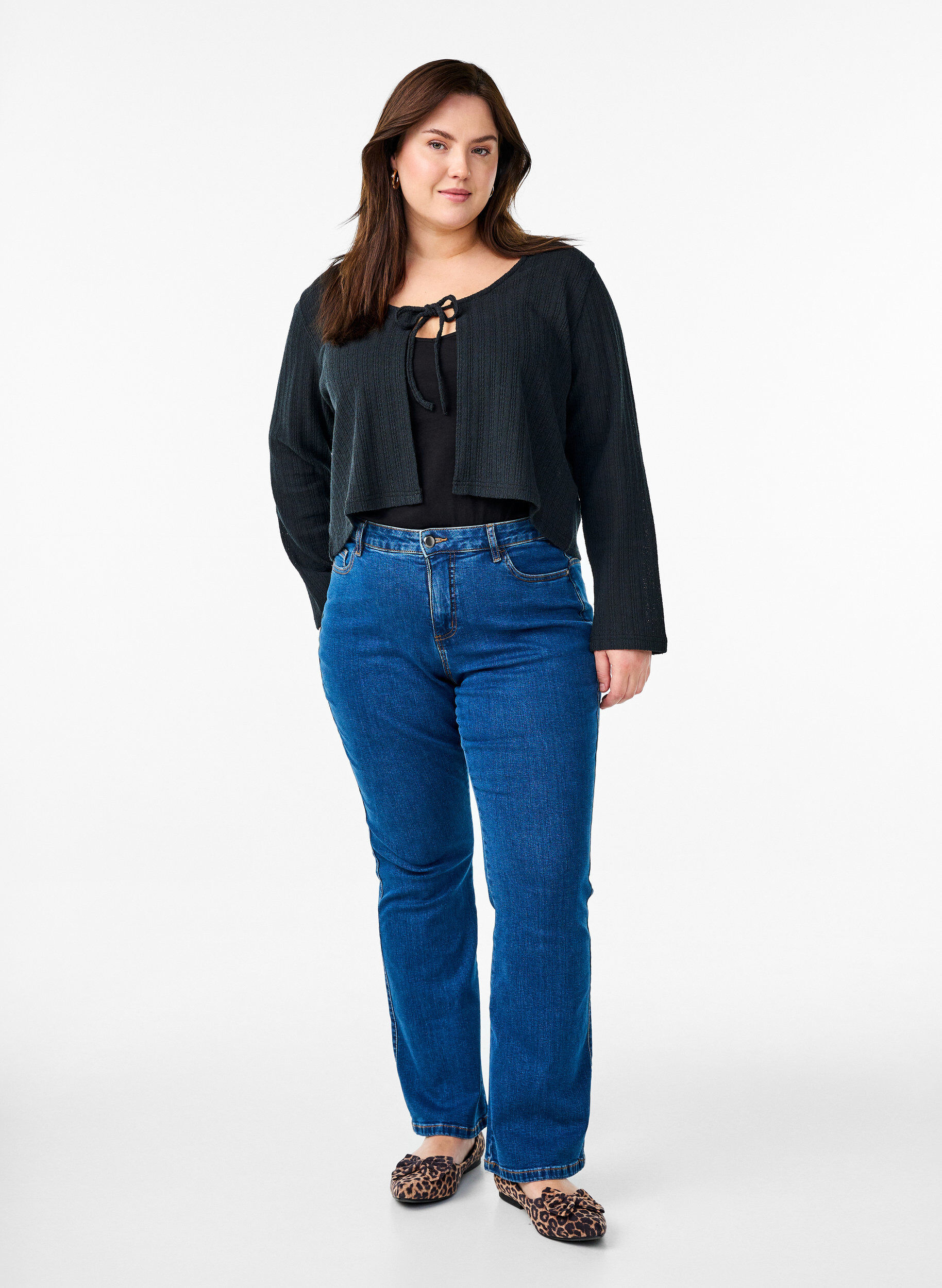 ZizziCardigan en jersey textur&eacute; avec lien &agrave; nouer devant, Noir, Model image number 1