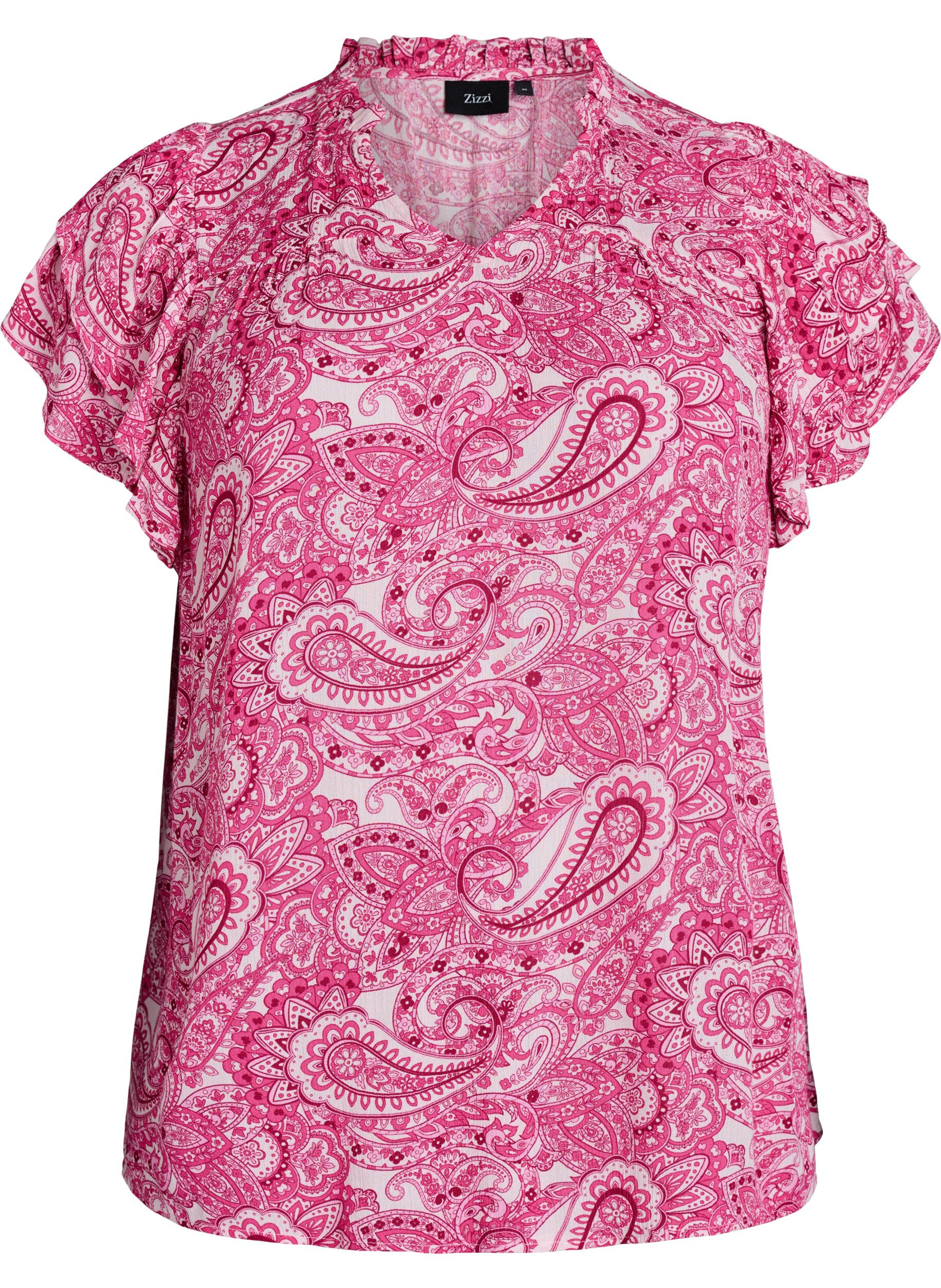 Zizzi Blouse imprim&eacute;e en viscose avec volants, Rose, Packshot image number 0