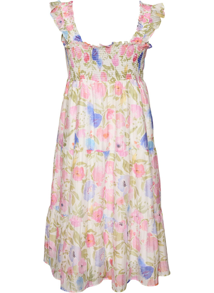 Robe longue fleurie en lyocell avec volants, Blanc, Packshot image number 1