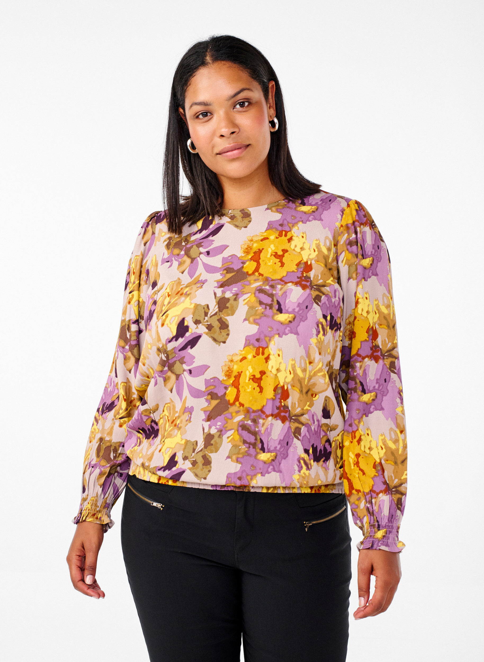 Zizzi Chemisier &agrave; smocks avec imprim&eacute; floral, Purple Flower, Model image number 0