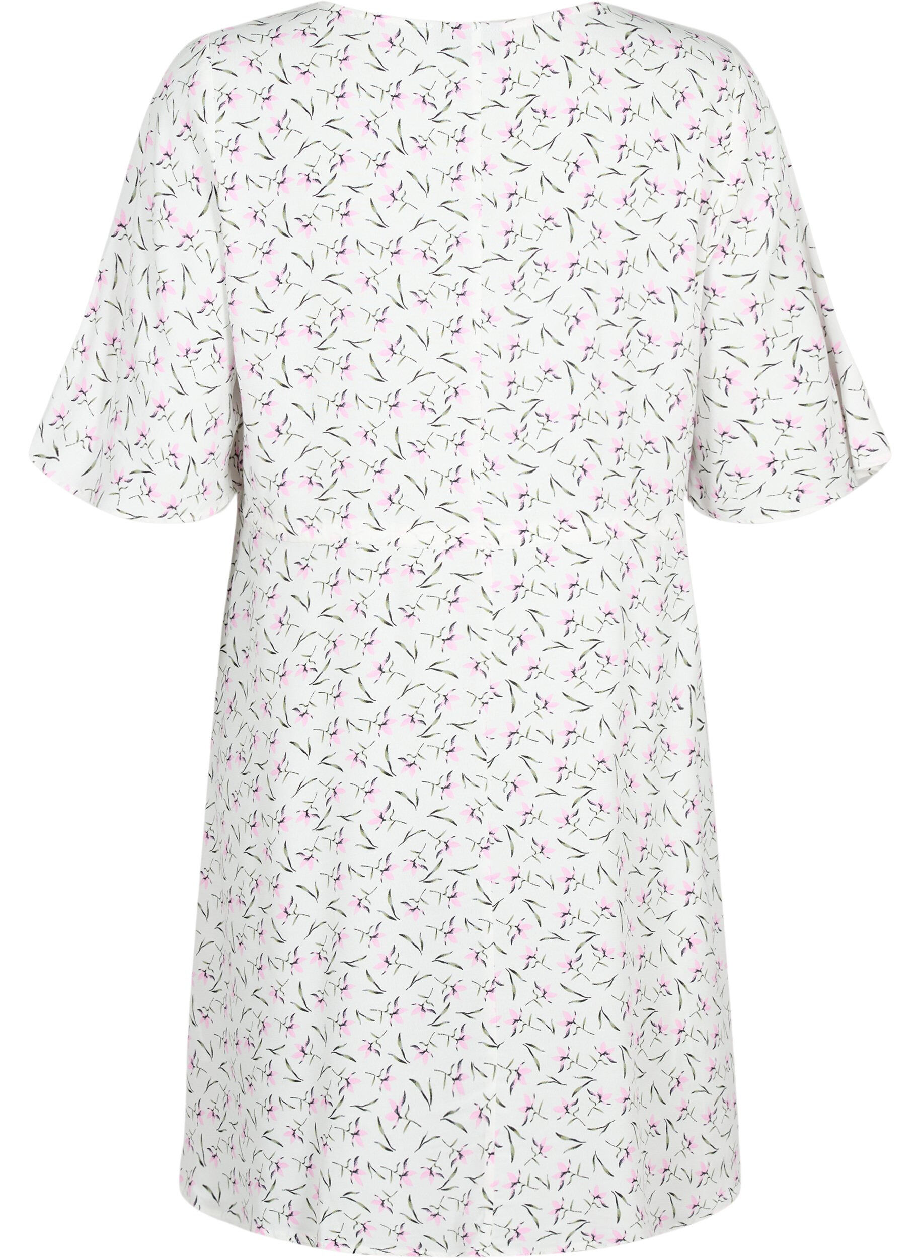 Zizzi Robe &agrave; manches 1/2 avec imprim&eacute; floral en viscose, White Purple Flower, Packshot image number 1