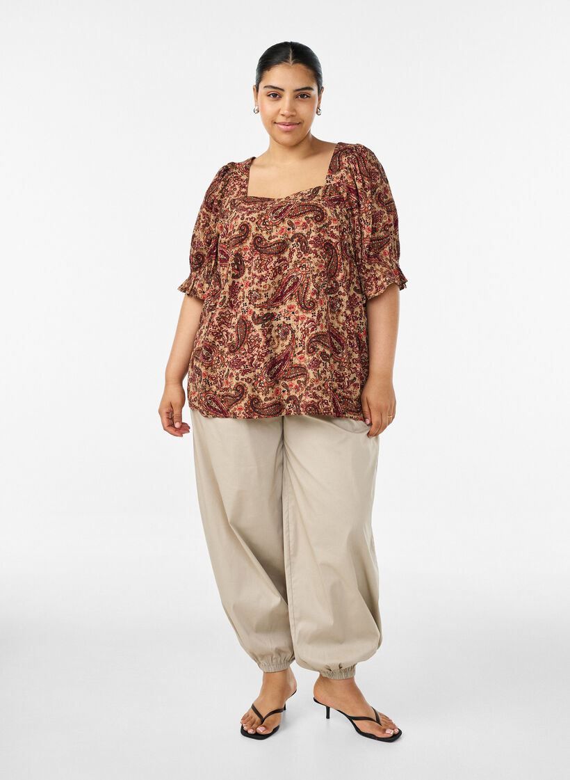 Chemisier en viscose avec imprim&eacute; paisley et encolure carr&eacute;e, Marron, Model image number 1