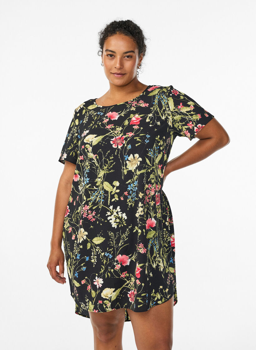 Robe &agrave; manches courtes avec imprim&eacute;, Noir, Model image number 0