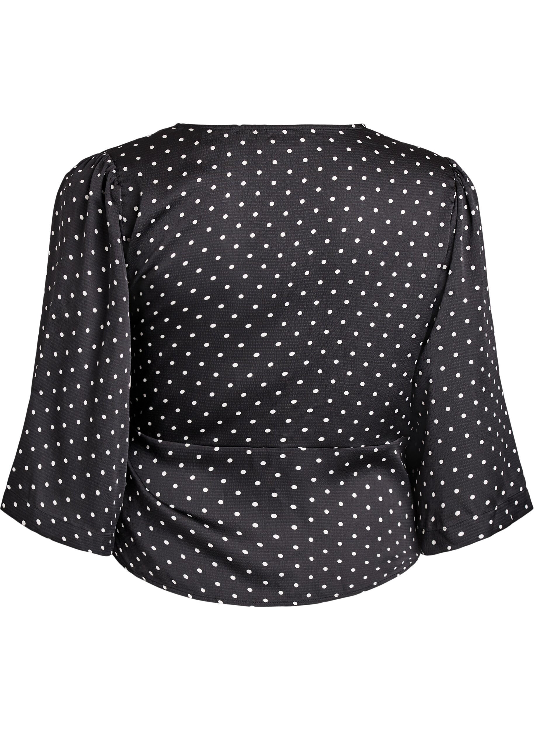 Zizzi Blouse &agrave; pois avec lien &agrave; nouer et manches 3/4, Noir, Packshot image number 1