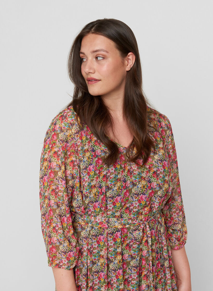 Robe midi fleurie avec lien à nouer à la taille, Pink Flower AOP, Model image number 2