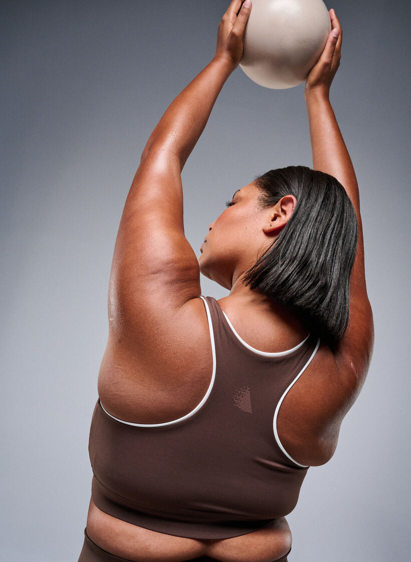 Brassière de sport à dos nageur avec finitions contrastantes, Marron, Image image number 0