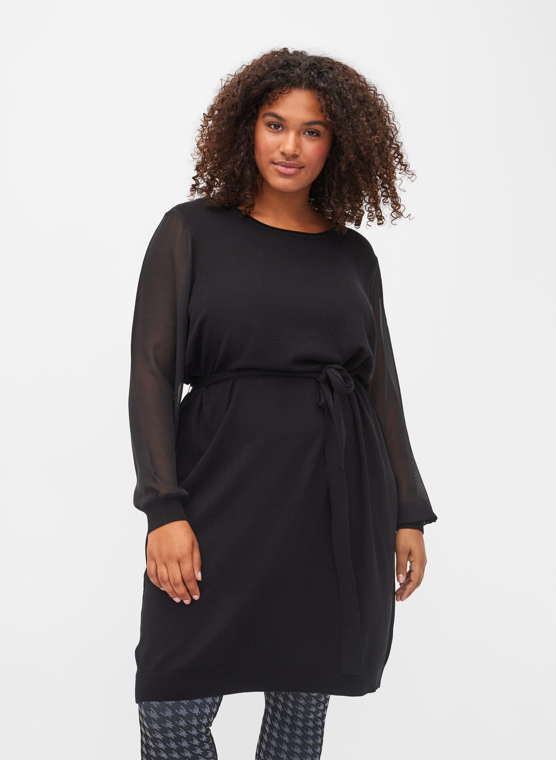 Zizzi Robe en maille avec manches transparentes, Black, Model image number 0