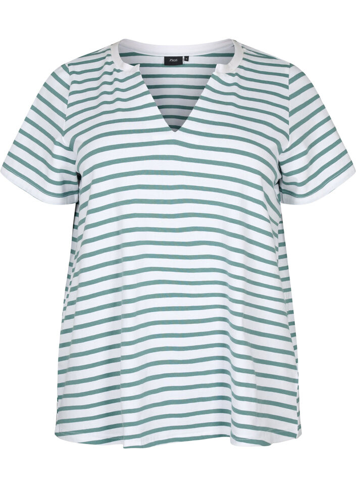 T-shirt en coton à rayures et encolure en V, B.White/SeaP.Stripes, Packshot image number 0