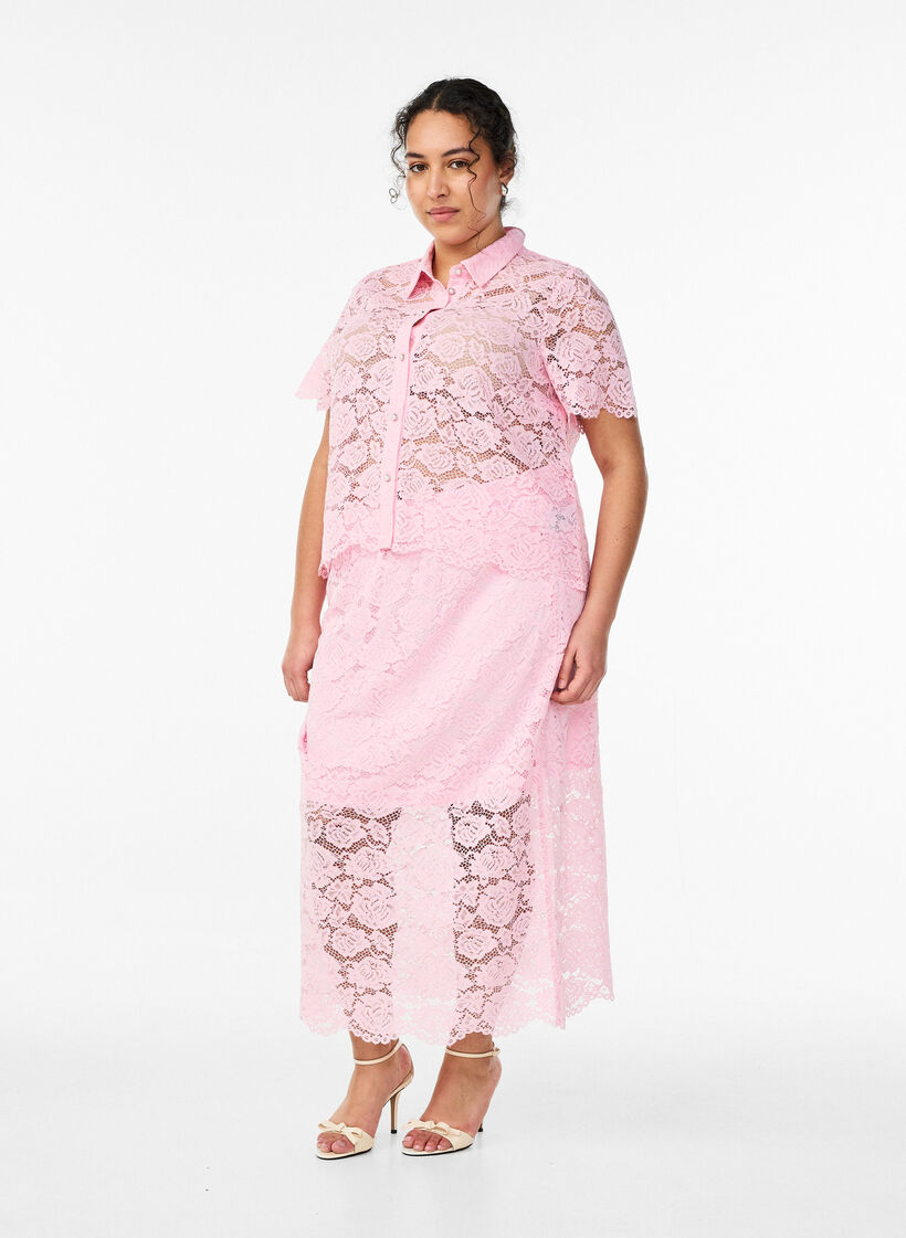 Jupe midi en dentelle avec taille &eacute;lastique, Rose, Model