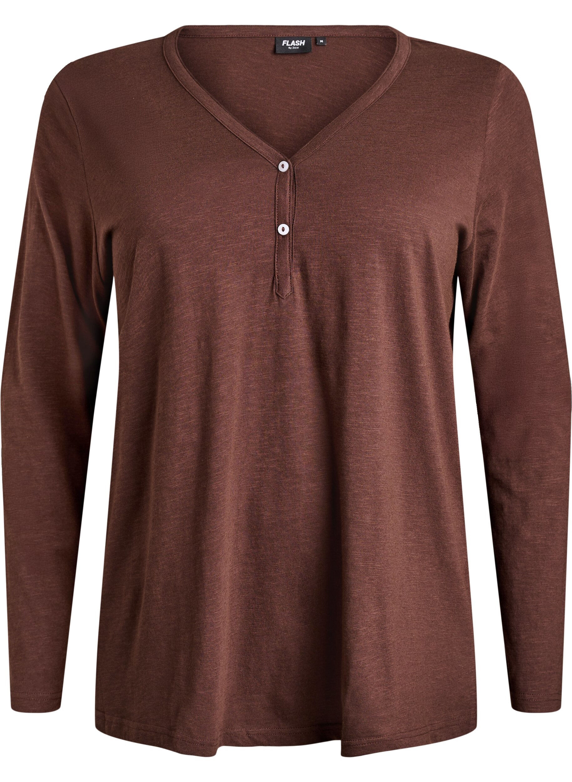 ZizziT-shirt &agrave; manches longues avec col V et boutons, Marron, Packshot image number 0