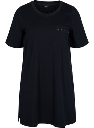 T-shirt long en coton avec poche poitrine et rivets, Black, Packshot image number 0