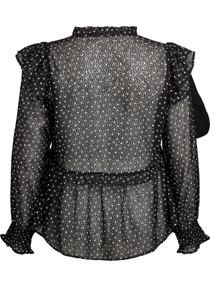 Blouse en mousseline à petits pois avec volants, Noir, Packshot image number 1