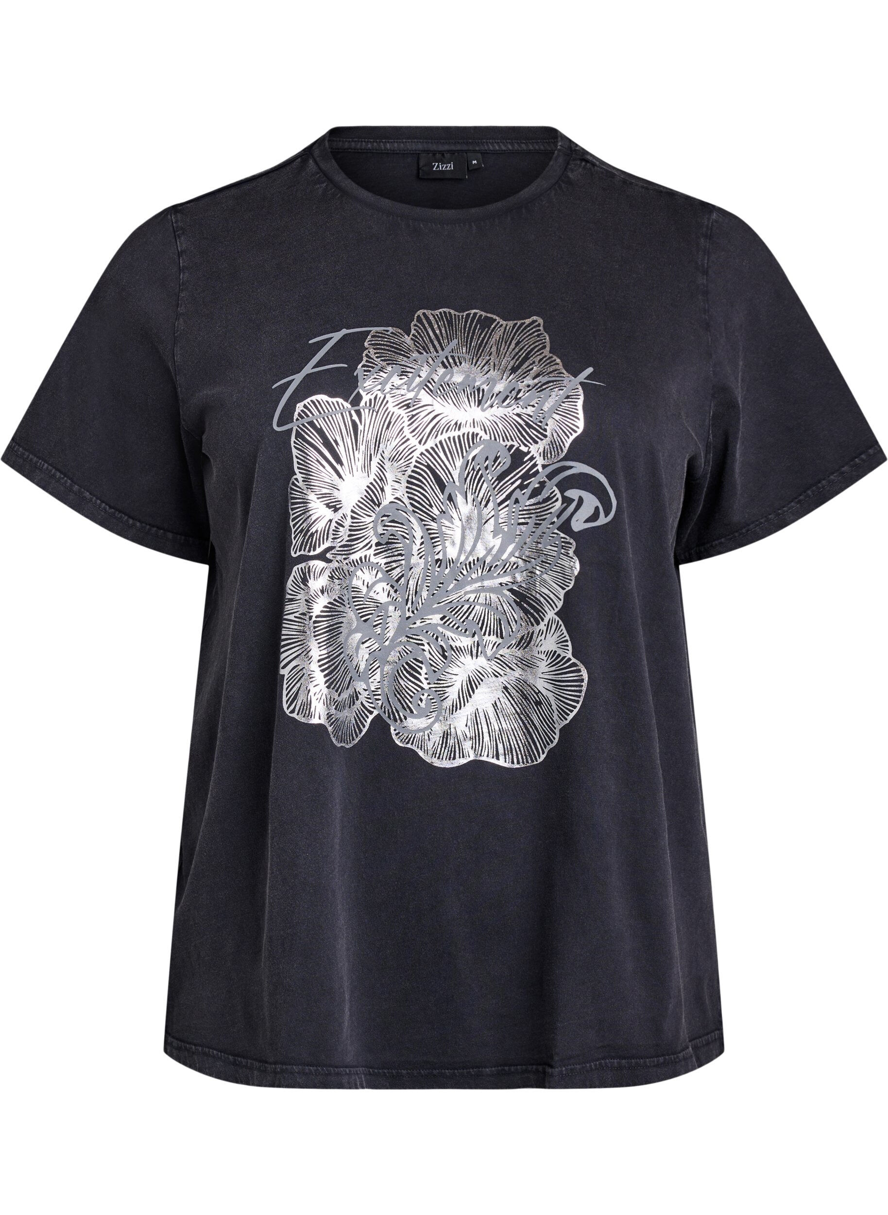 Zizzi T-shirt en coton biologique avec une impression cool, Gris, Packshot image number 0