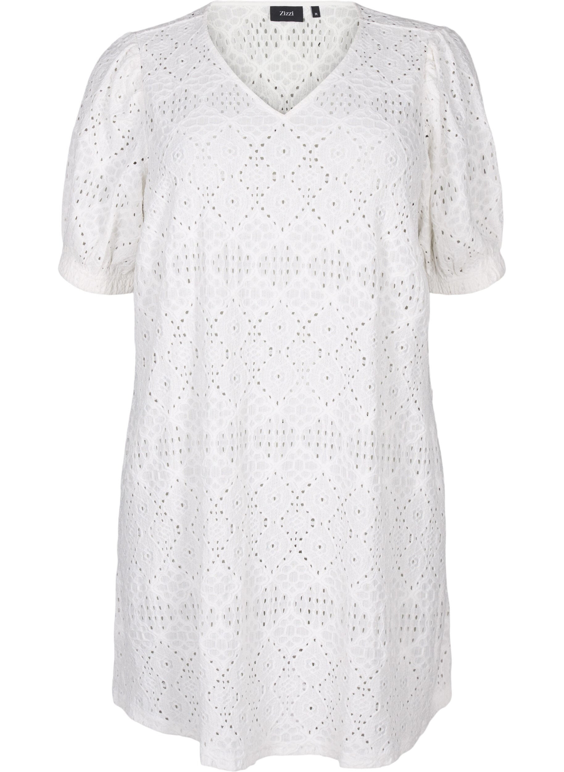 Zizzi Robe courte avec col en&nbsp;V et motifs &agrave; trous, Bright White, Packshot image number 0