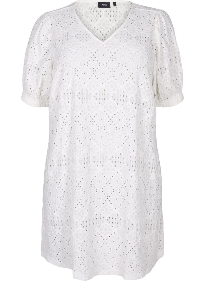 Robe courte avec col en V et motifs à trous, Bright White, Packshot image number 0