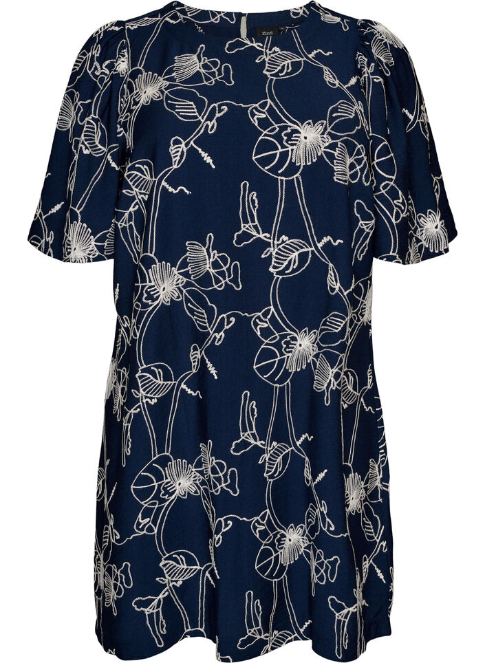Robe trap&egrave;ze courte &agrave; motif brod&eacute;, Bleu, Packshot image number 0