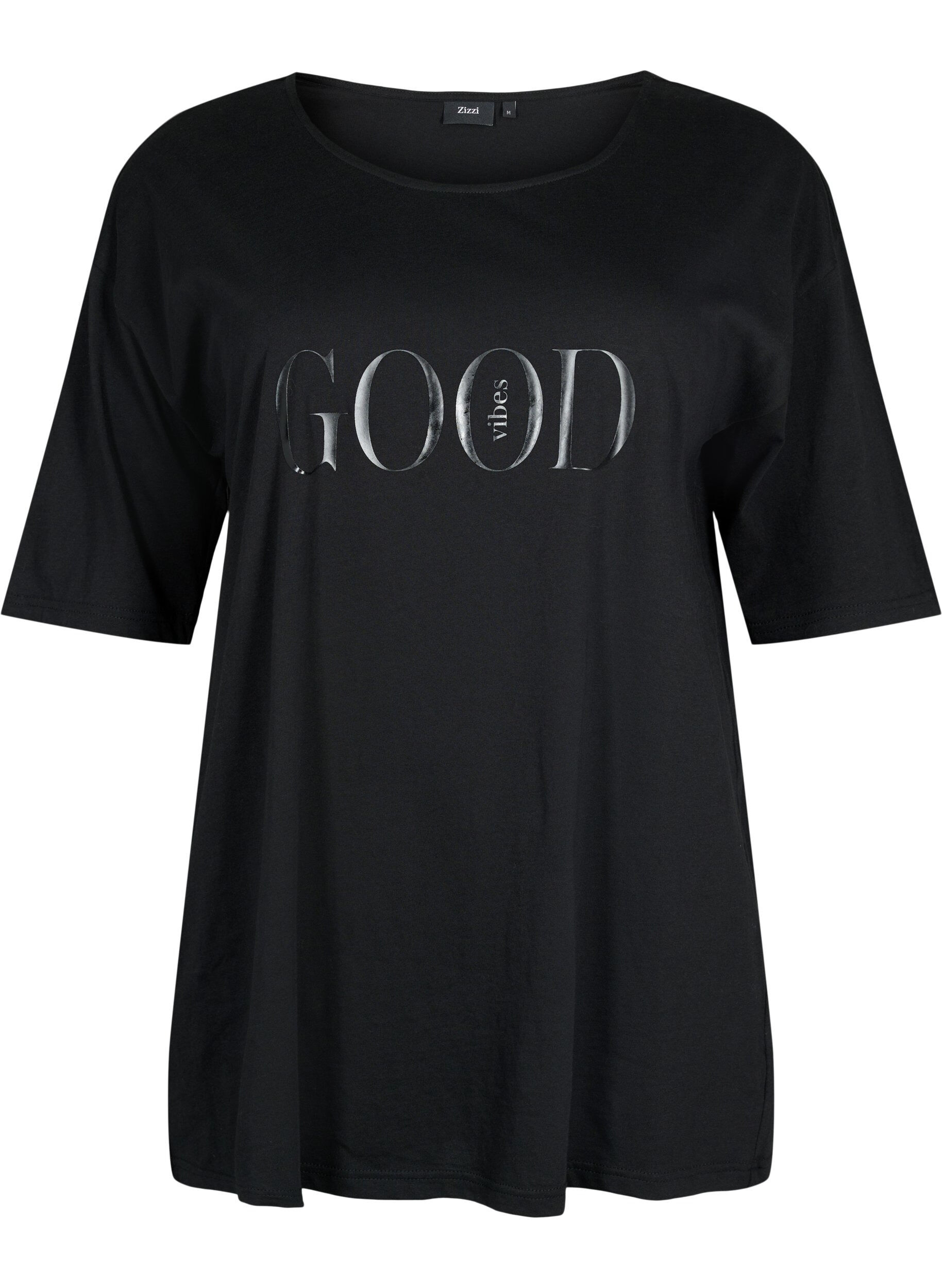 Zizzi T-shirt oversize en coton avec imprim&eacute;, Black GOOD, Packshot image number 0