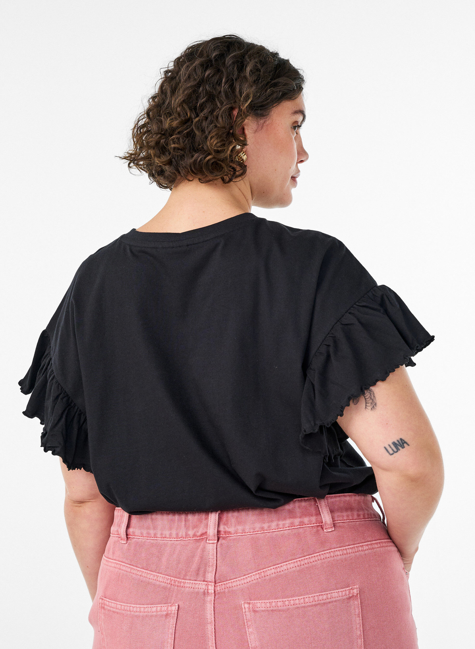 ZizziT-shirt en coton bio avec manches &agrave; volants, Noir, Model image number 2