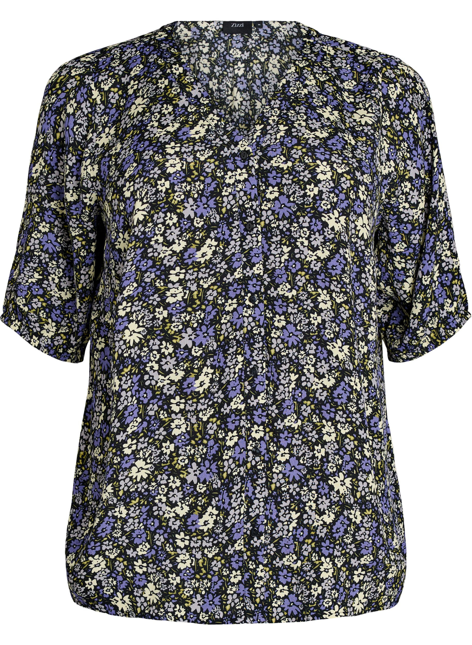 Zizzi Blouse imprim&eacute;e en viscose avec fermeture boutonn&eacute;e, Noir, Packshot image number 0