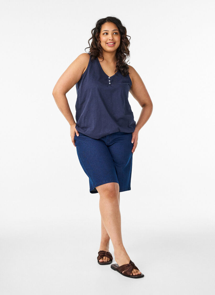 D&eacute;bardeur en coton bio avec col en V et boutons, Bleu, Model image number 1