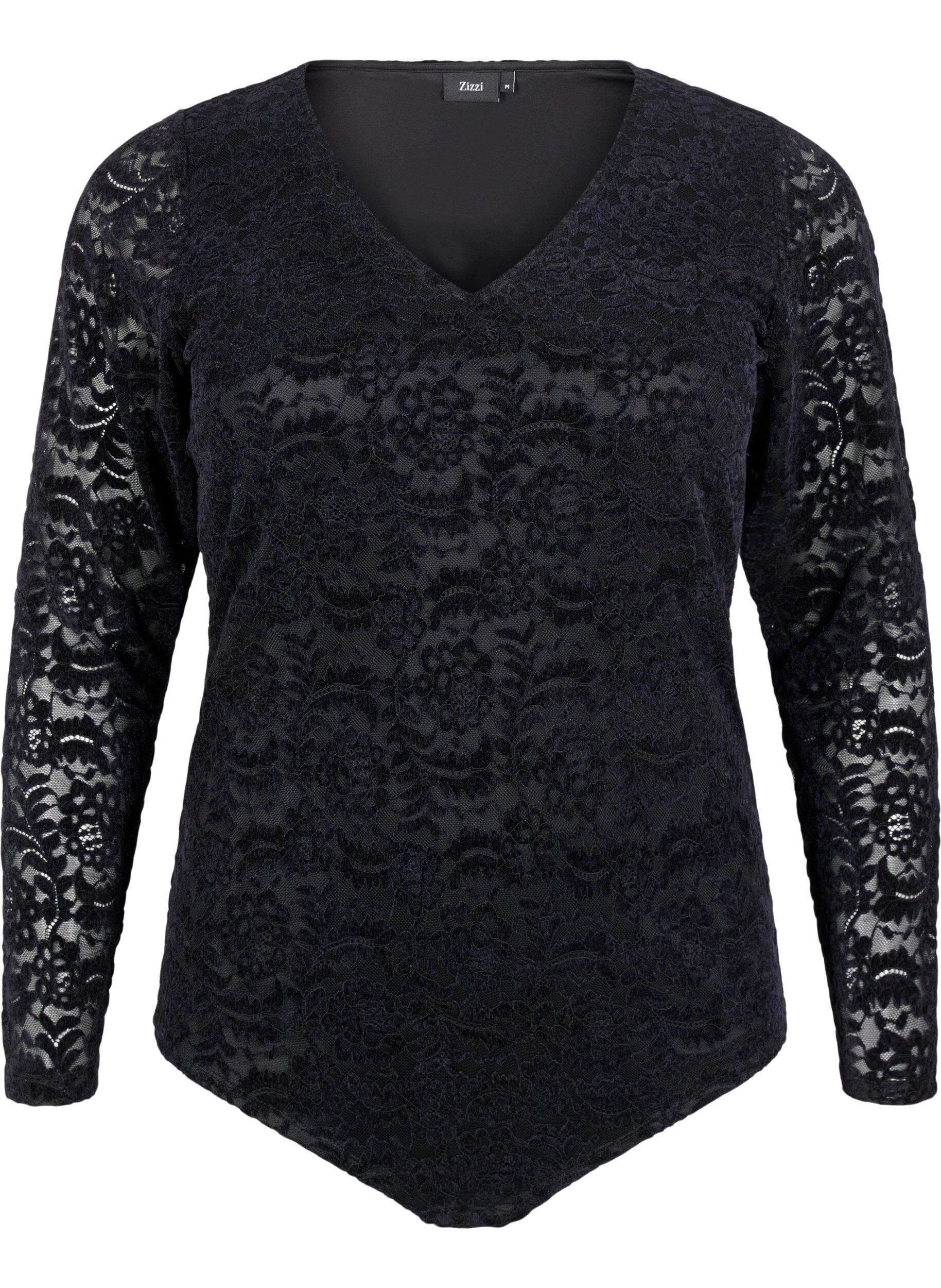 Zizzi Bodystocking en dentelle &agrave; manches longues, Black, Packshot image number 0